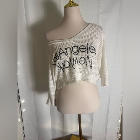 Wet Seal Los Angeles New York Cropped Waffle Knit Sweater White Boxy (L/XL) - Picture 2 of 7